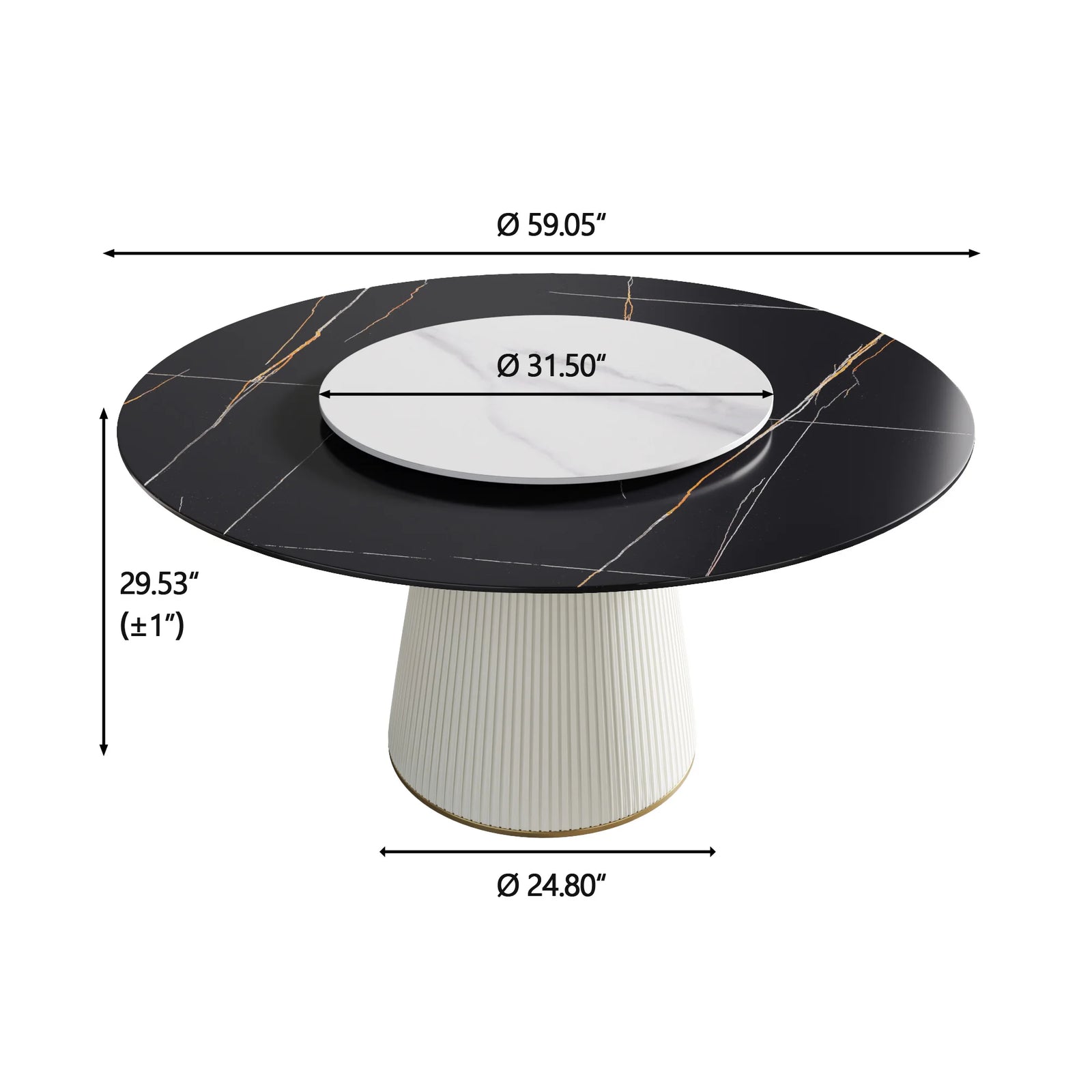 Mesa de comedor Marbella de piedra sinterizada | Redonda de 150 cm (59") en negro mate con plato giratorio Lazy Susan