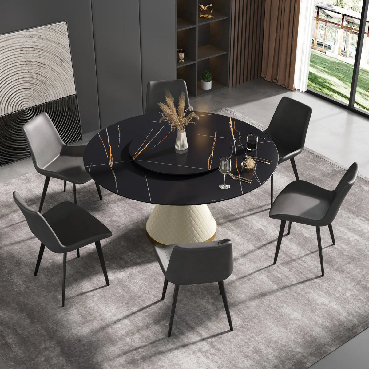 Mesa de comedor Marbella de piedra sinterizada | Redonda de 150 cm (59") en negro mate con plato giratorio Lazy Susan