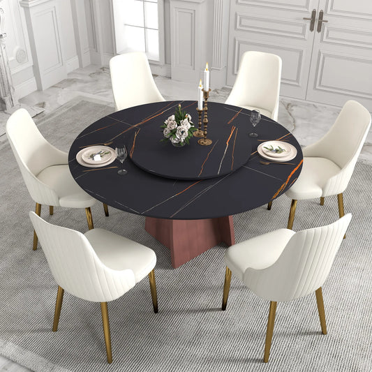 Marbella Sintered Stone Dining Table | 59" Matte Black Round With Lazy Susan Turntable