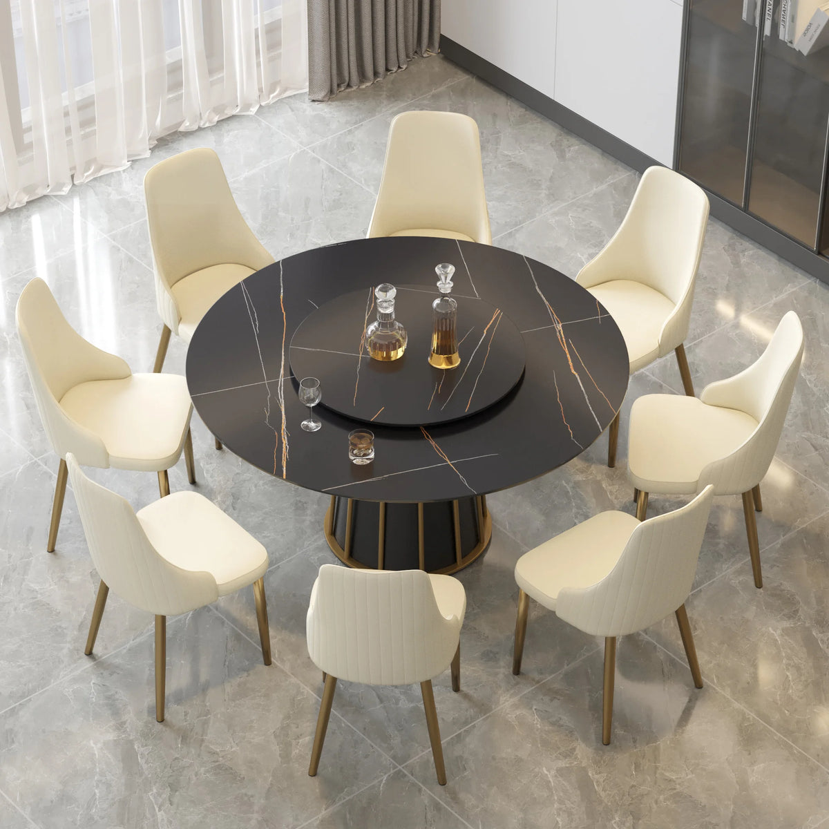 Marbella Sintered Stone Dining Table | 59" Matte Black Round With Lazy Susan Turntable