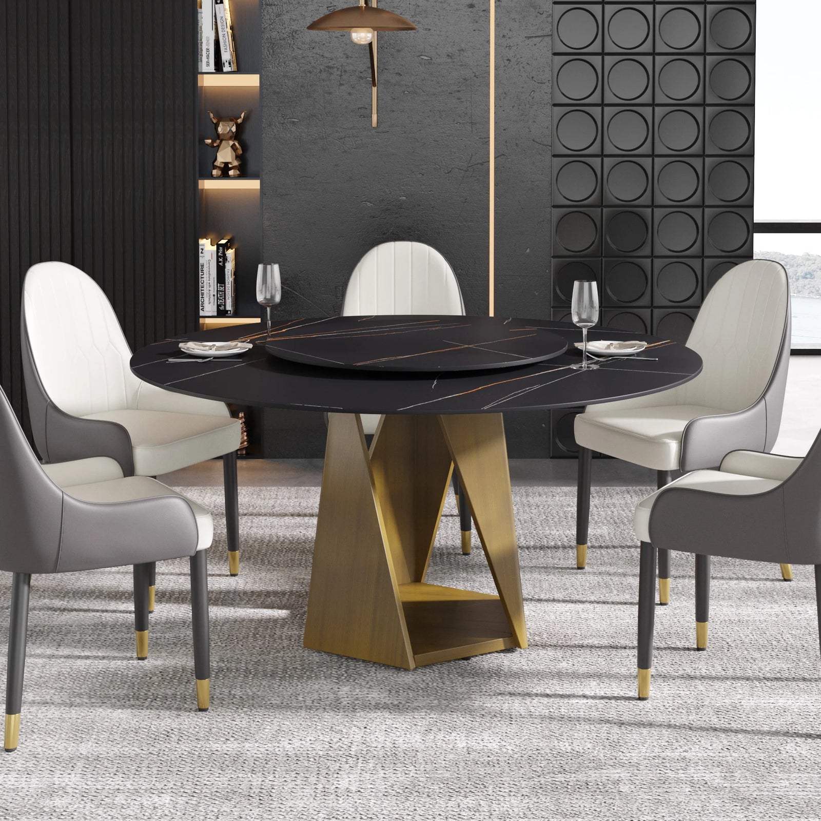 Mesa de comedor Marbella de piedra sinterizada | Redonda de 150 cm (59") en negro mate con plato giratorio Lazy Susan