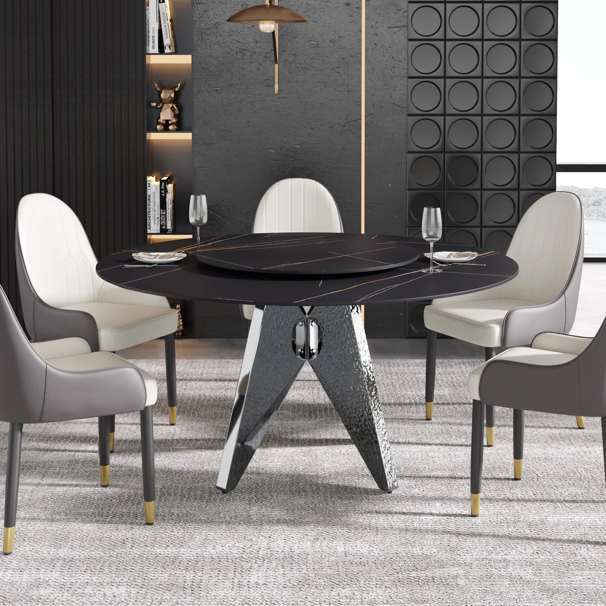 Marbella Sintered Stone Dining Table | 59" Matte Black Round With Lazy Susan Turntable