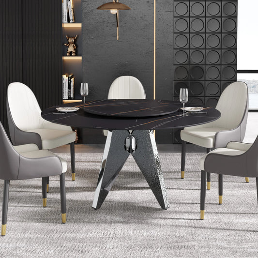 Marbella Sintered Stone Dining Table | 59" Matte Black Round With Lazy Susan Turntable