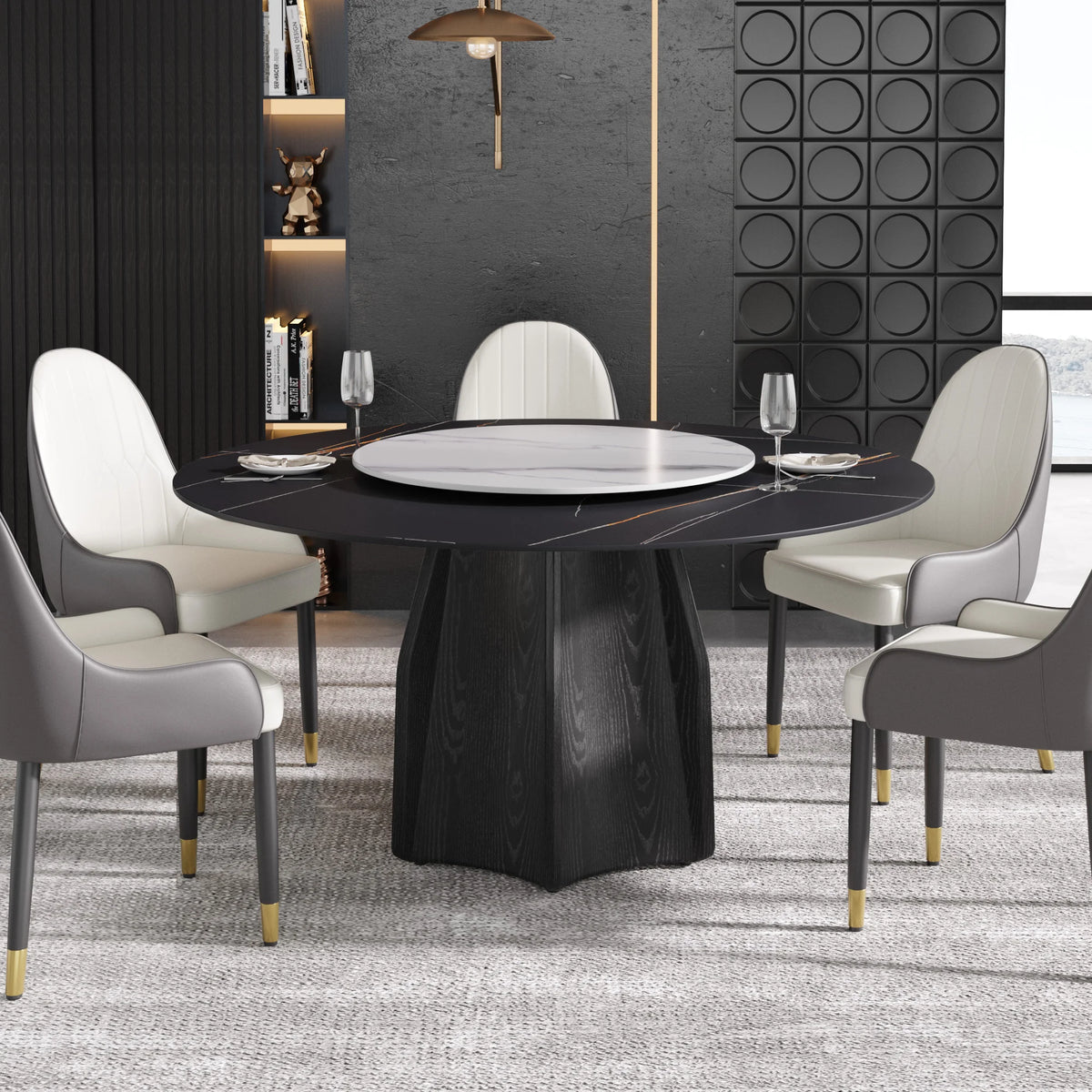 Marbella Sintered Stone Dining Table | 59" Matte Black Round With Lazy Susan Turntable