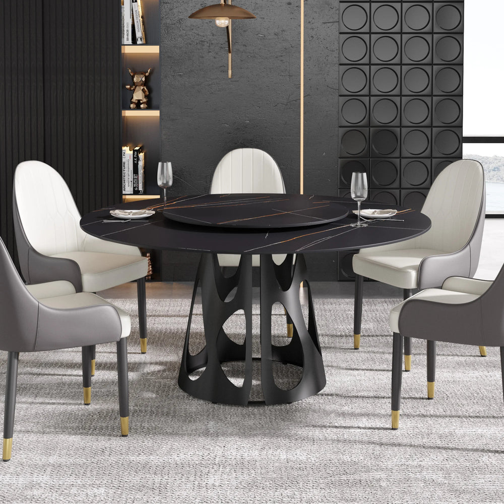 Marbella Sintered Stone Dining Table | 59" Matte Black Round With Lazy Susan Turntable