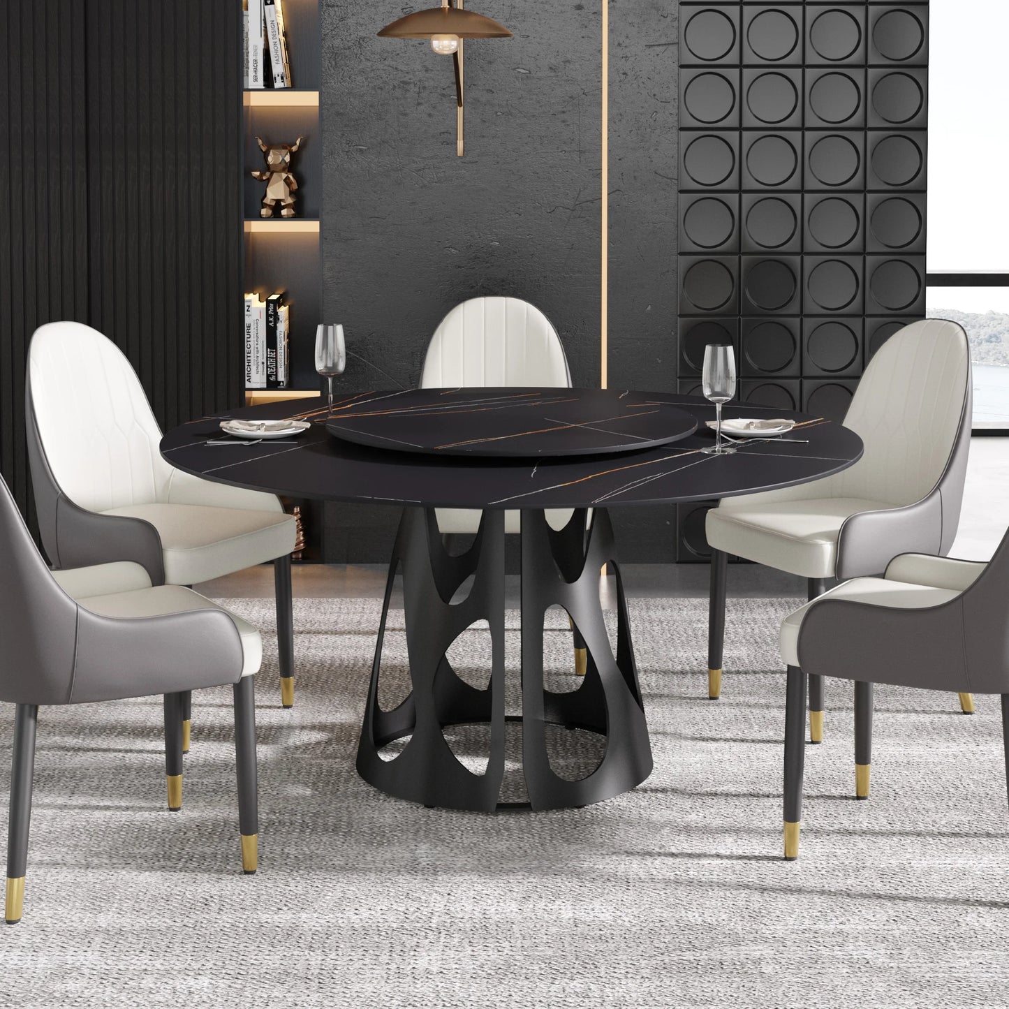 Marbella Sintered Stone Dining Table | 59" Matte Black Round With Lazy Susan Turntable