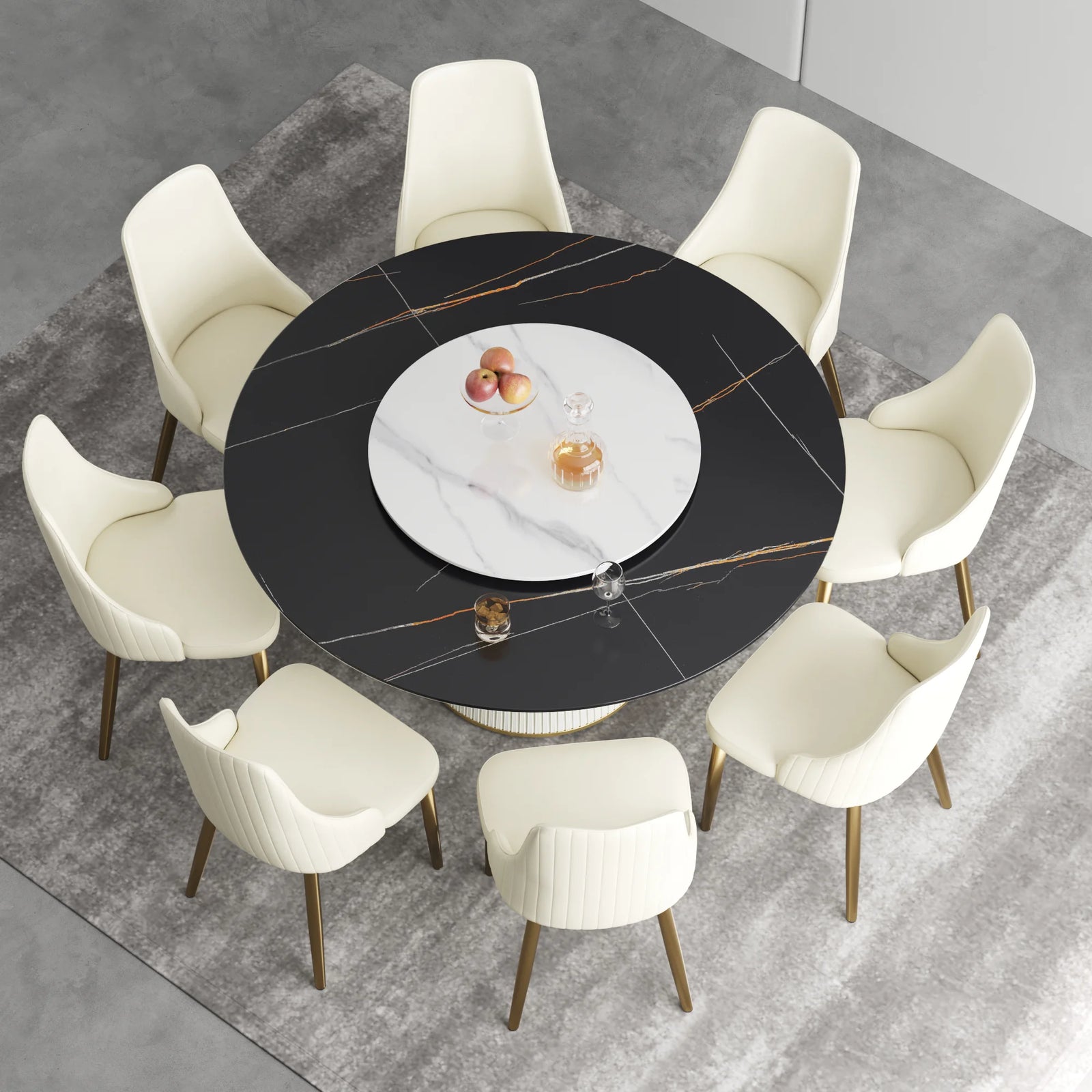 Mesa de comedor Marbella de piedra sinterizada | Redonda de 150 cm (59") en negro mate con plato giratorio Lazy Susan