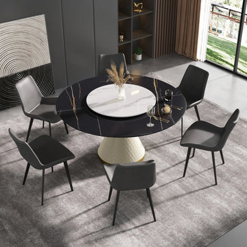Mesa de comedor Marbella de piedra sinterizada | Redonda de 150 cm (59") en negro mate con plato giratorio Lazy Susan