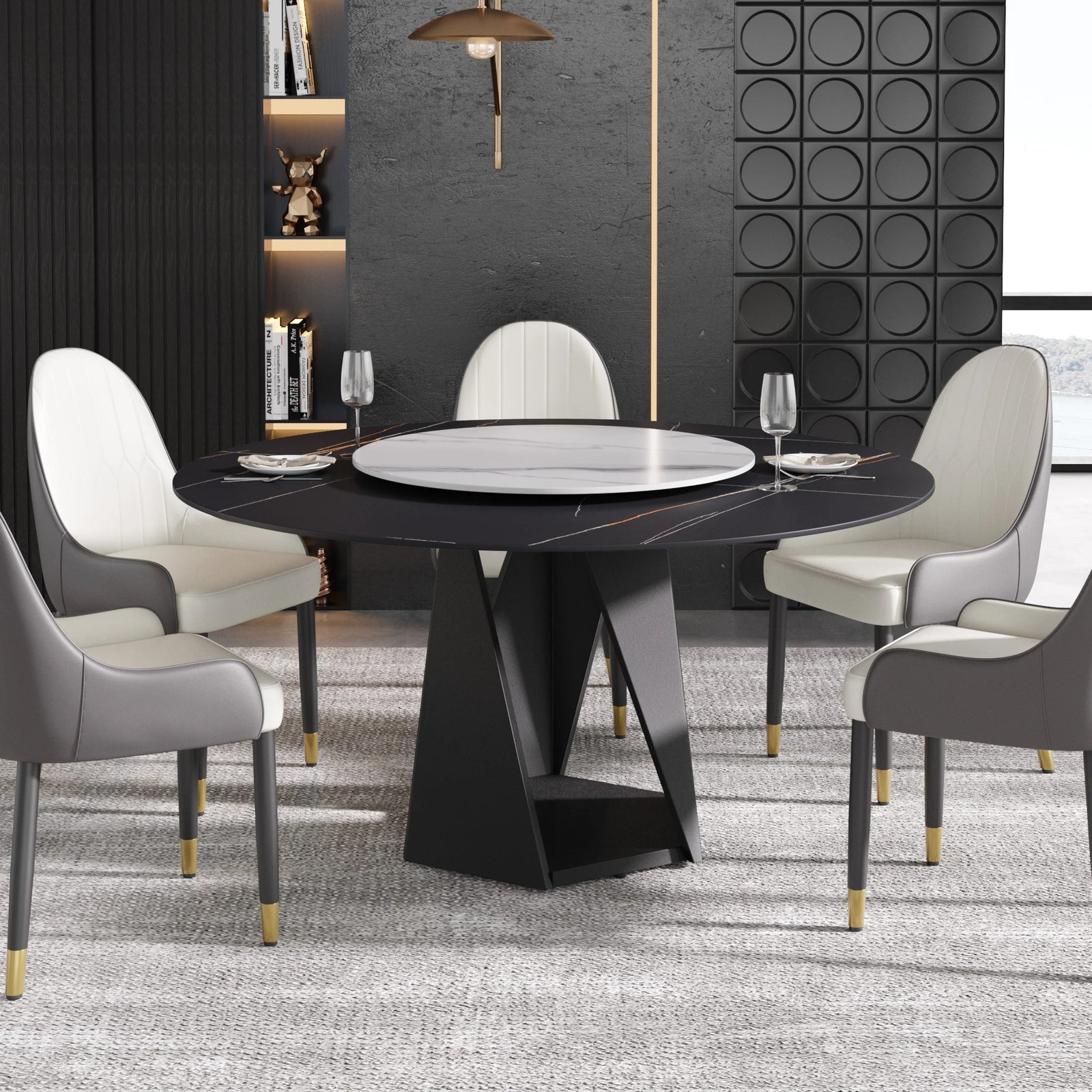 Mesa de comedor Marbella de piedra sinterizada | Redonda de 150 cm (59") en negro mate con plato giratorio Lazy Susan