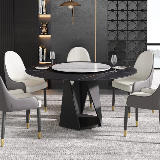 Marbella Sintered Stone Dining Table | 59" Matte Black Round With Lazy Susan Turntable