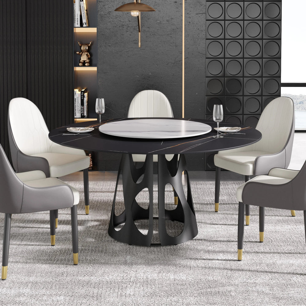 Marbella Sintered Stone Dining Table | 59" Matte Black Round With Lazy Susan Turntable