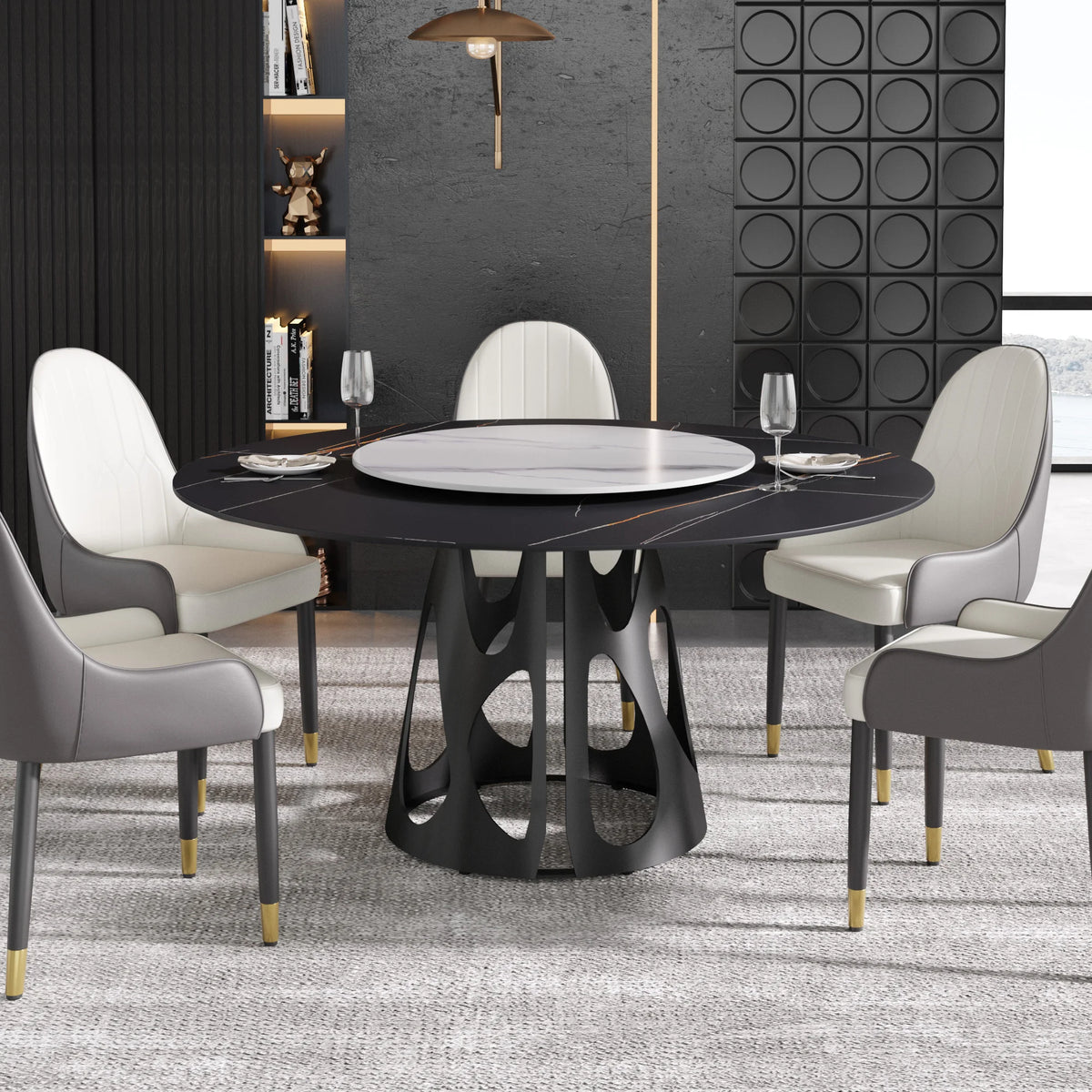 Marbella Sintered Stone Dining Table | 59" Matte Black Round With Lazy Susan Turntable