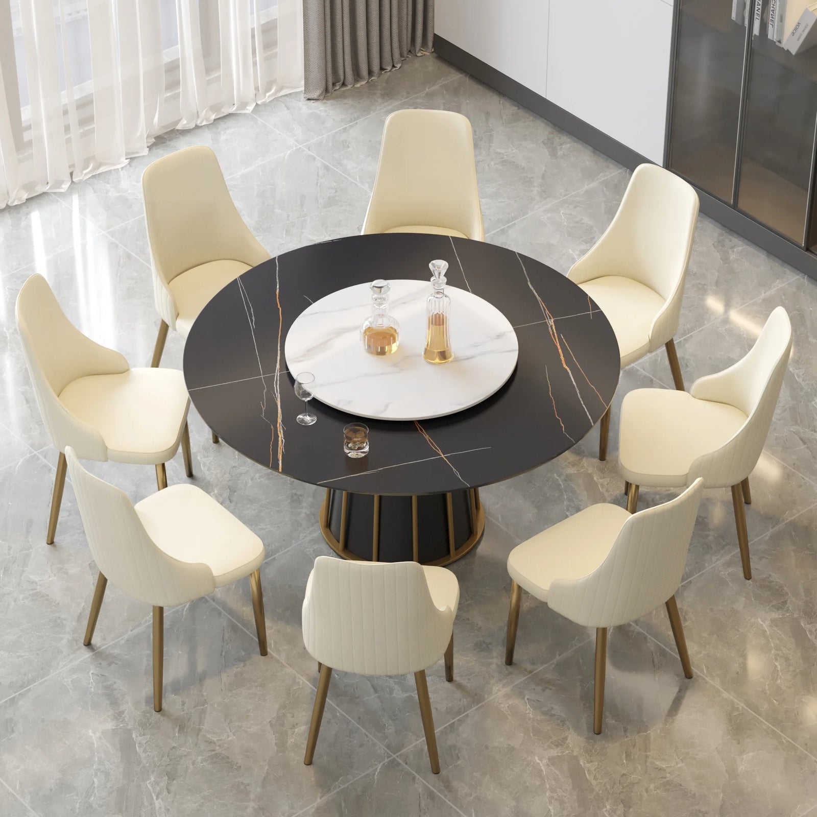 Mesa de comedor Marbella de piedra sinterizada | Redonda de 150 cm (59") en negro mate con plato giratorio Lazy Susan