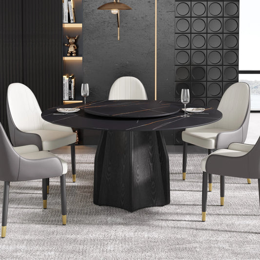 Marbella Sintered Stone Dining Table | 59" Matte Black Round With Lazy Susan Turntable