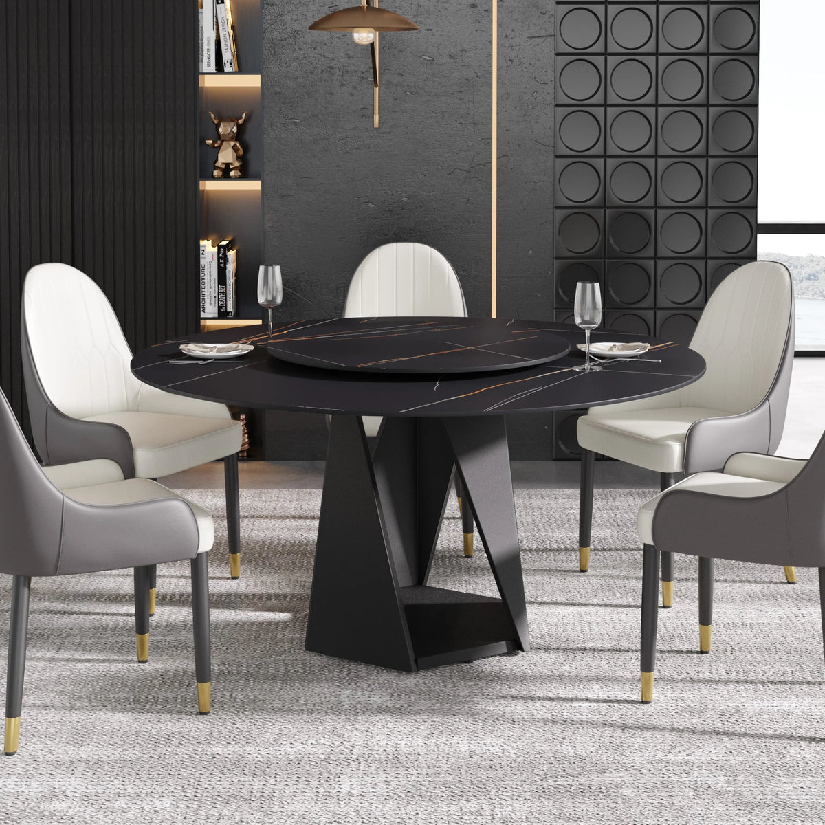 Marbella Sintered Stone Dining Table | 59" Matte Black Round With Lazy Susan Turntable