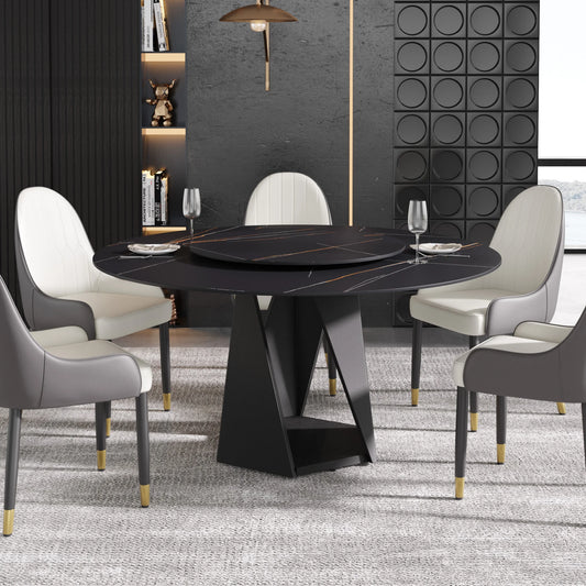 Marbella Sintered Stone Dining Table | 59" Matte Black Round With Lazy Susan Turntable