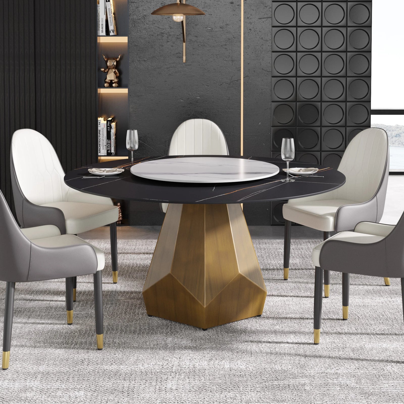 Mesa de comedor Marbella de piedra sinterizada | Redonda de 150 cm (59") en negro mate con plato giratorio Lazy Susan