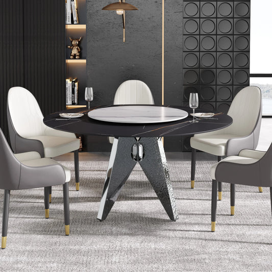 Marbella Sintered Stone Dining Table | 59" Matte Black Round With Lazy Susan Turntable