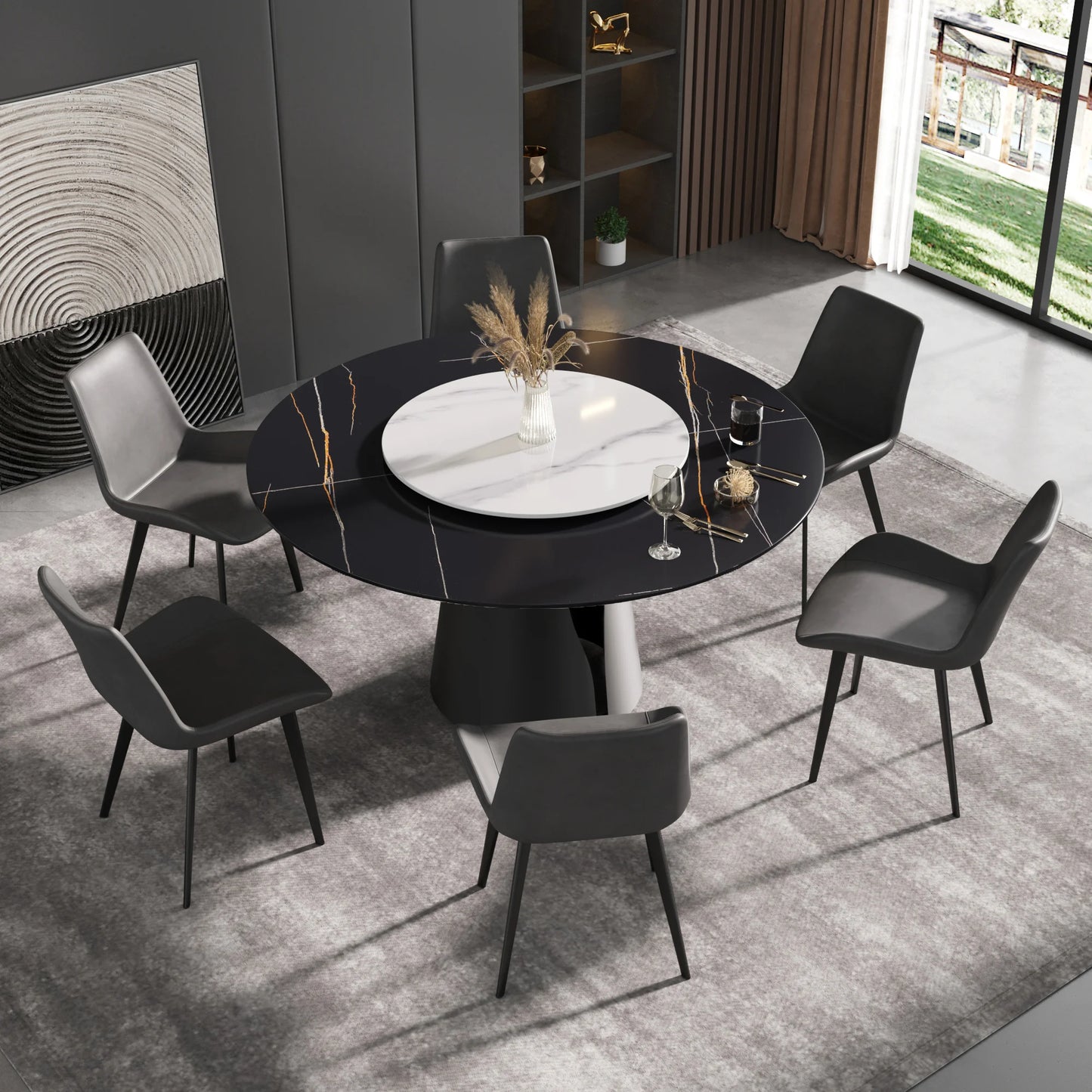 Marbella Sintered Stone Dining Table | 59" Matte Black Round With Lazy Susan Turntable