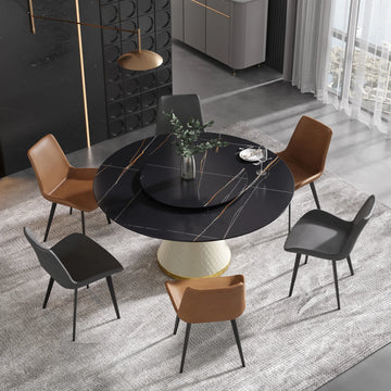 Mesa de comedor Marbella de piedra sinterizada | Redonda de 150 cm (59") en negro mate con plato giratorio Lazy Susan