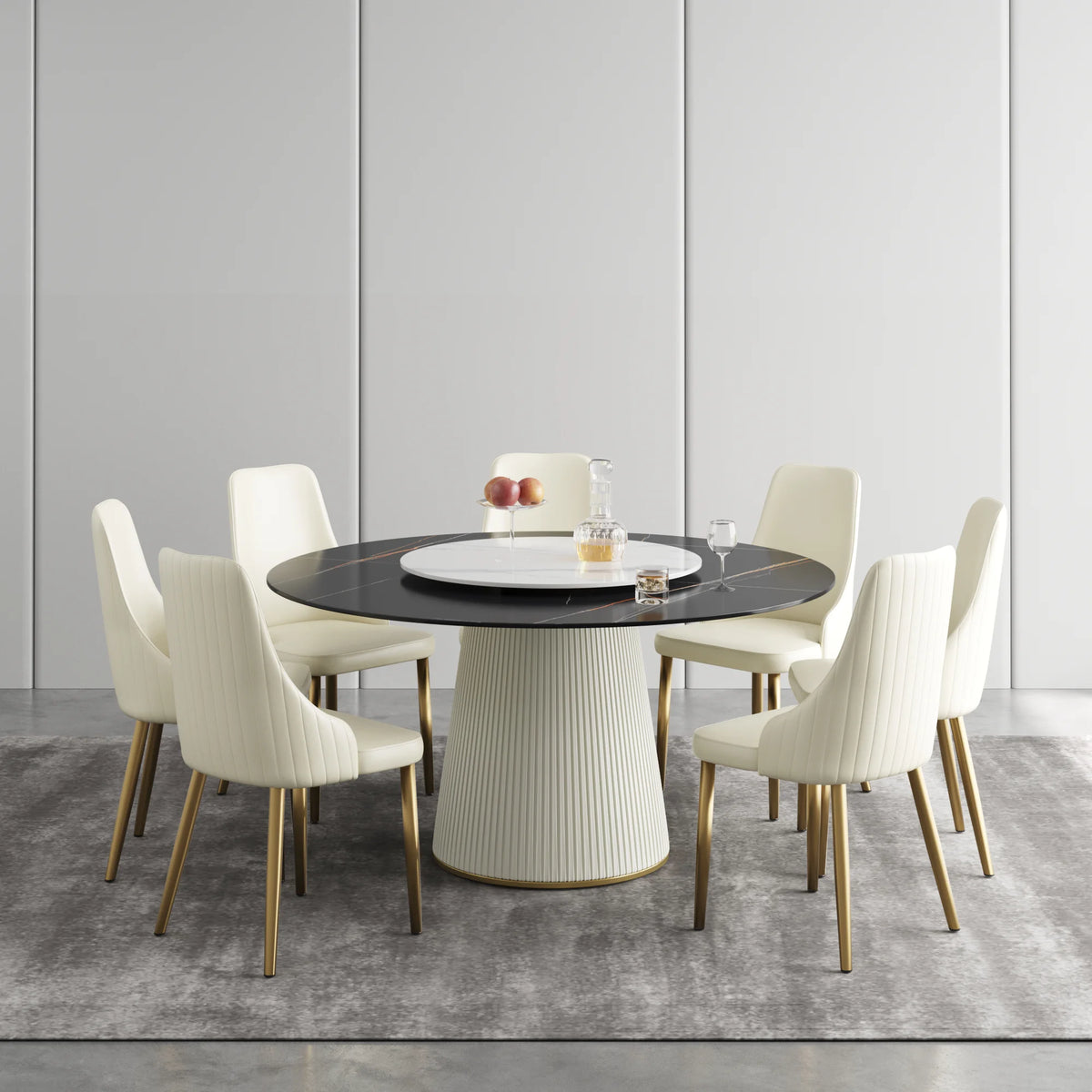 Marbella Sintered Stone Dining Table | 59" Matte Black Round With Lazy Susan Turntable