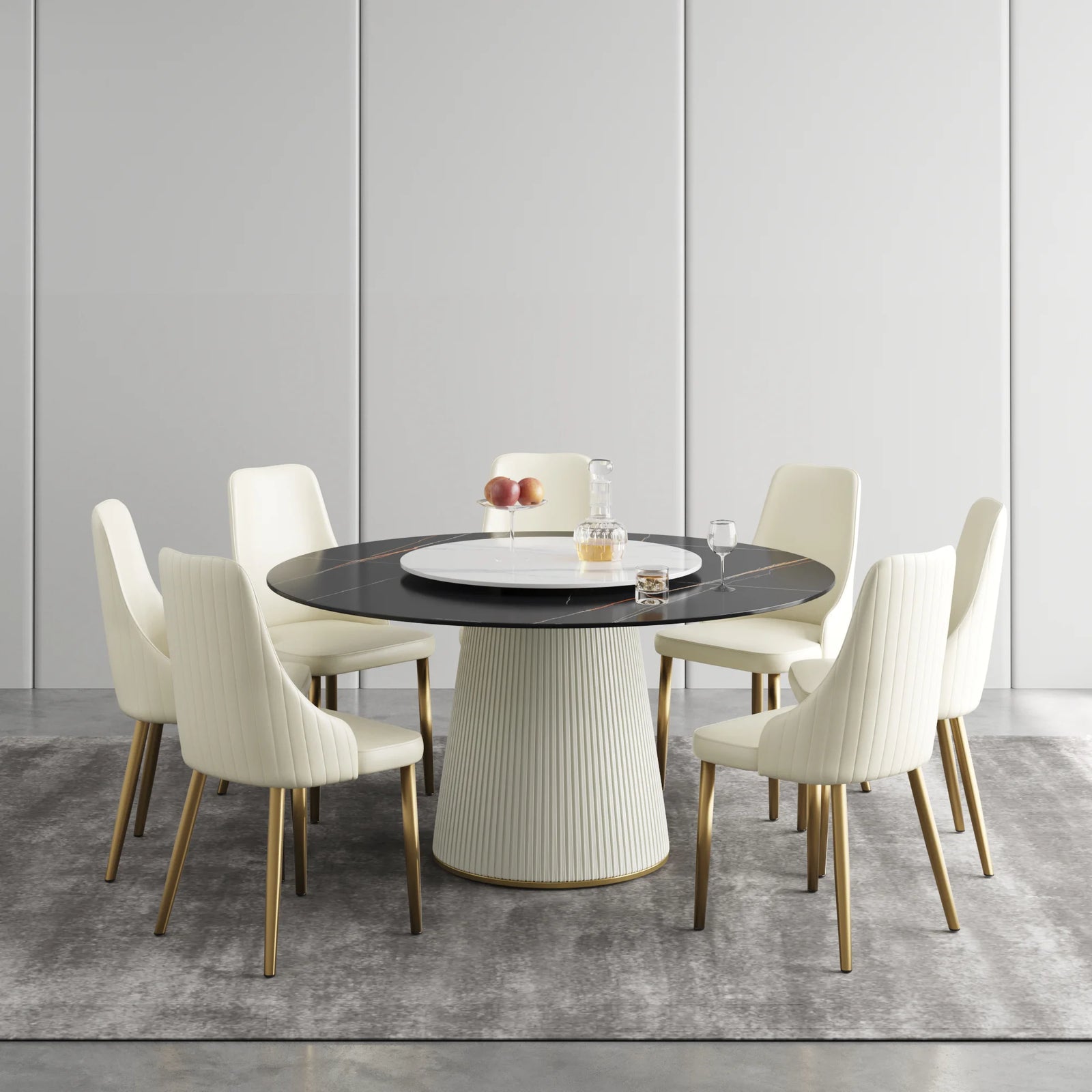 Mesa de comedor Marbella de piedra sinterizada | Redonda de 150 cm (59") en negro mate con plato giratorio Lazy Susan
