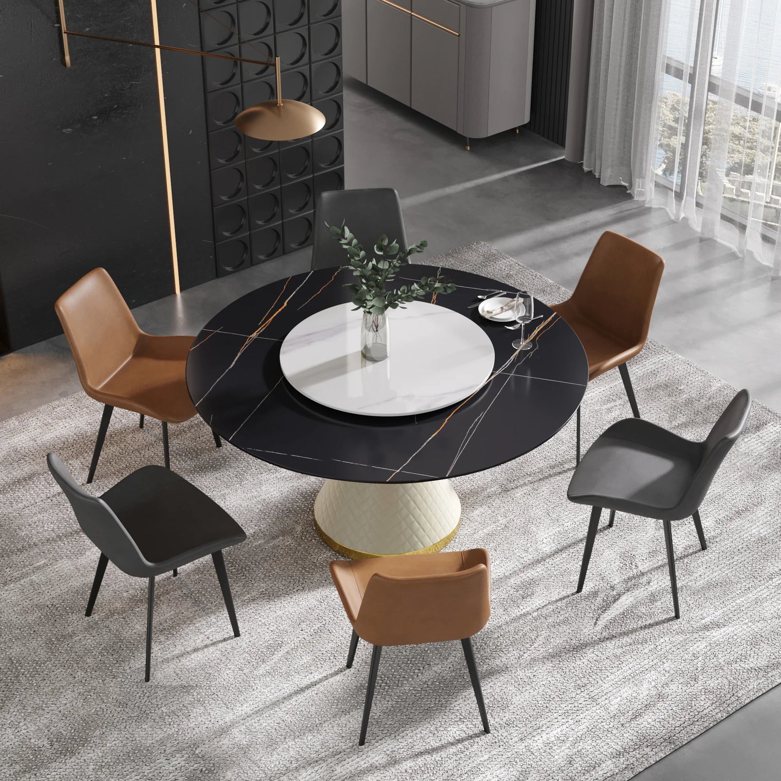 Mesa de comedor Marbella de piedra sinterizada | Redonda de 150 cm (59") en negro mate con plato giratorio Lazy Susan