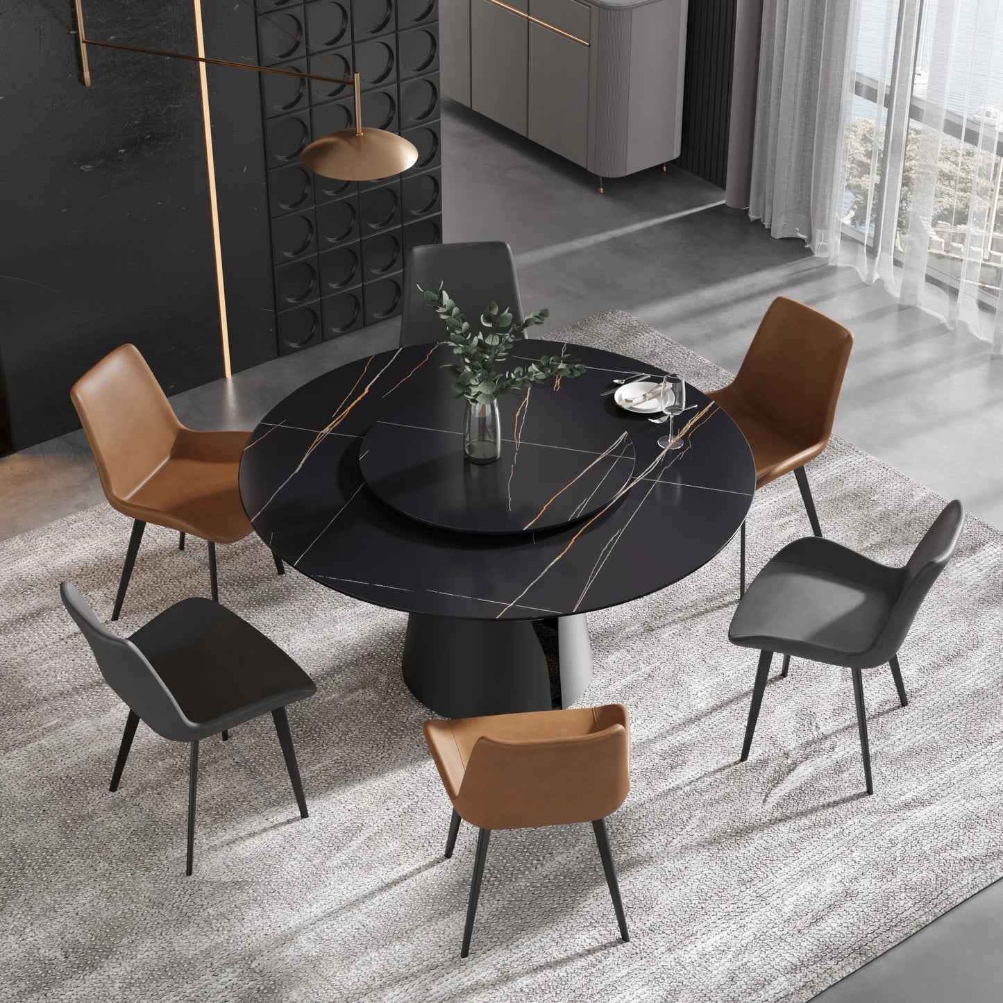 Marbella Sintered Stone Dining Table | 59" Matte Black Round With Lazy Susan Turntable