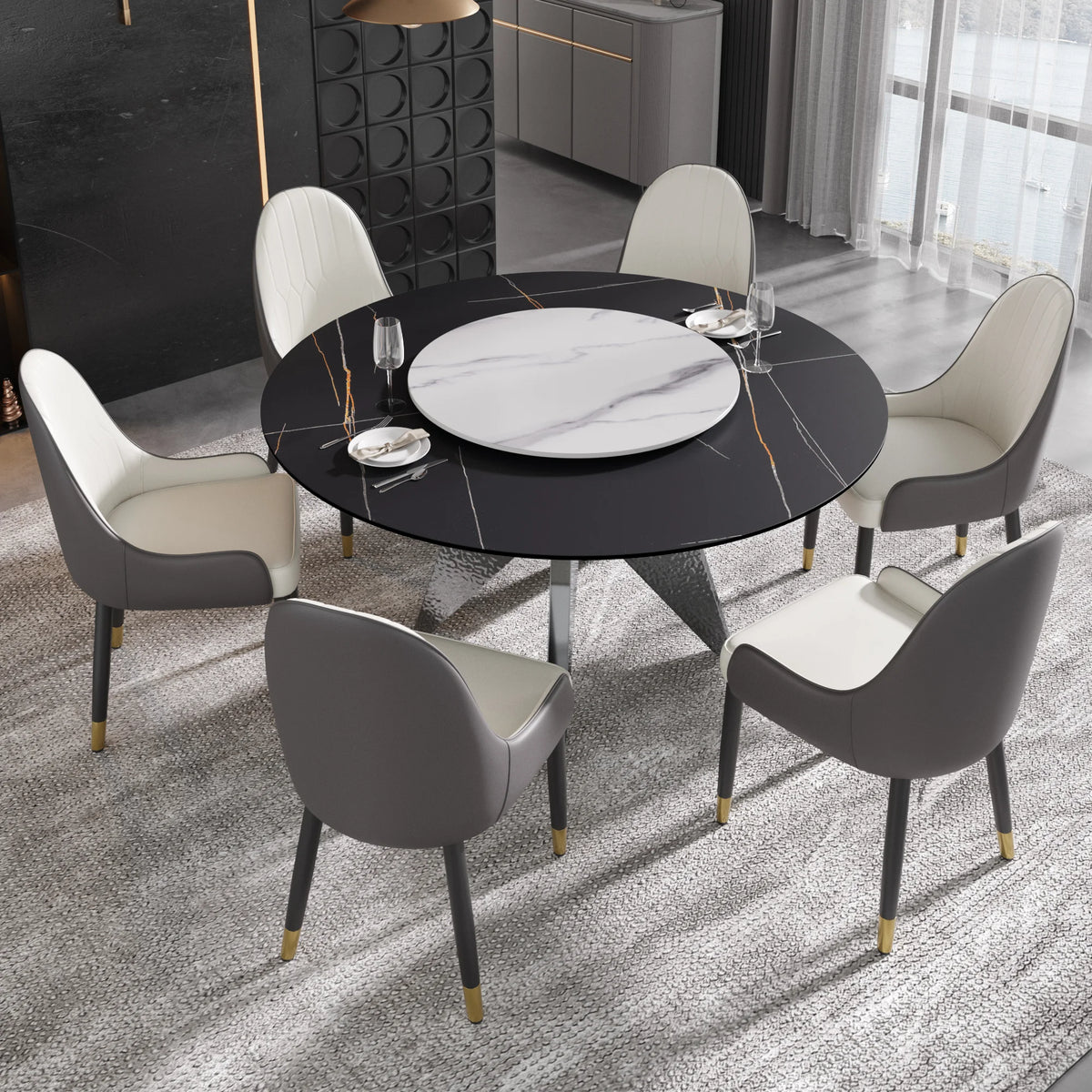 Marbella Sintered Stone Dining Table | 59" Matte Black Round With Lazy Susan Turntable