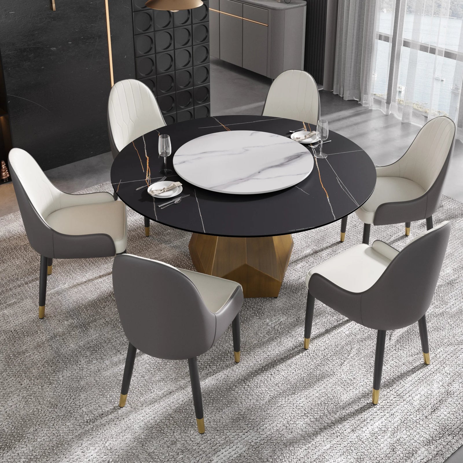 Mesa de comedor Marbella de piedra sinterizada | Redonda de 150 cm (59") en negro mate con plato giratorio Lazy Susan