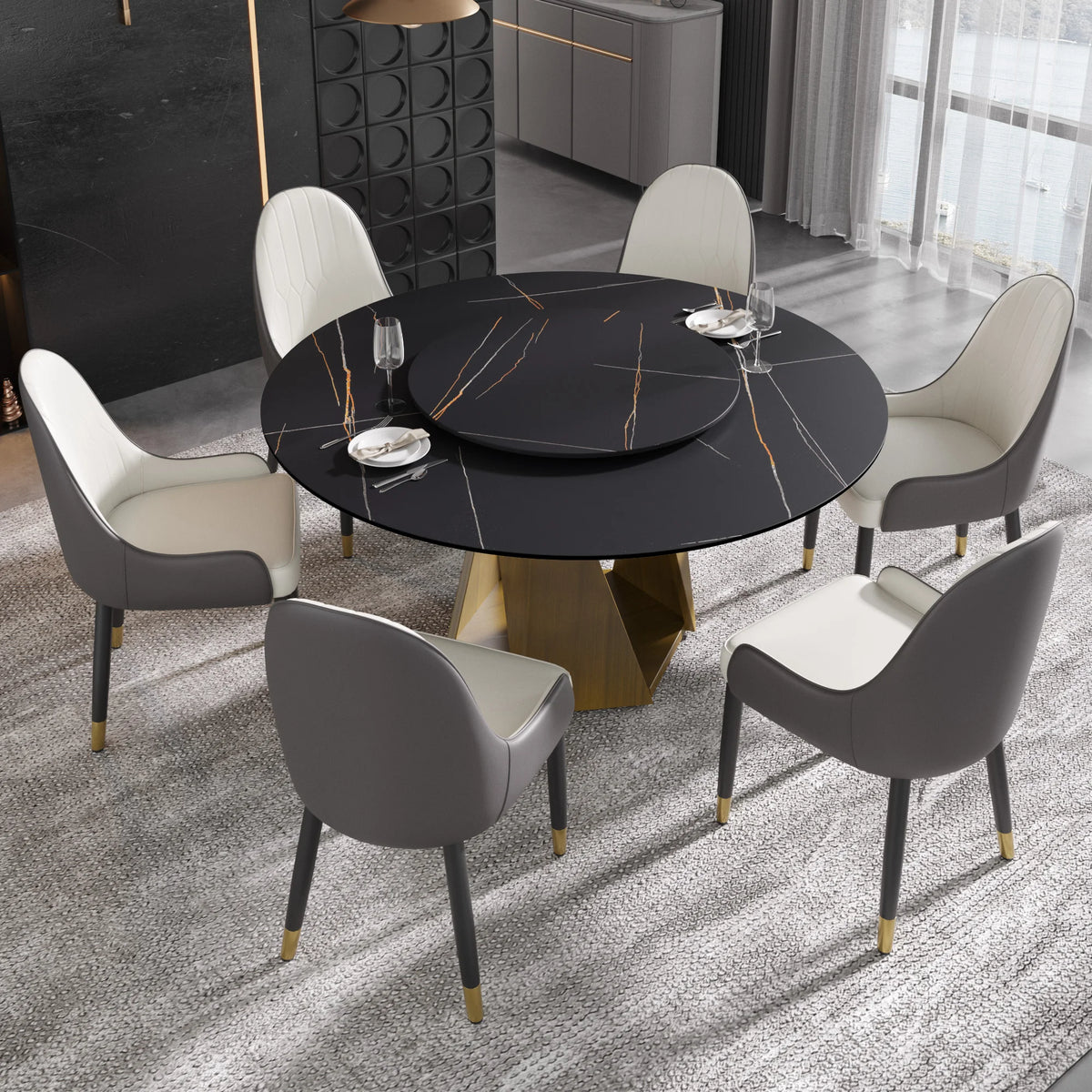 Marbella Sintered Stone Dining Table | 59" Matte Black Round With Lazy Susan Turntable