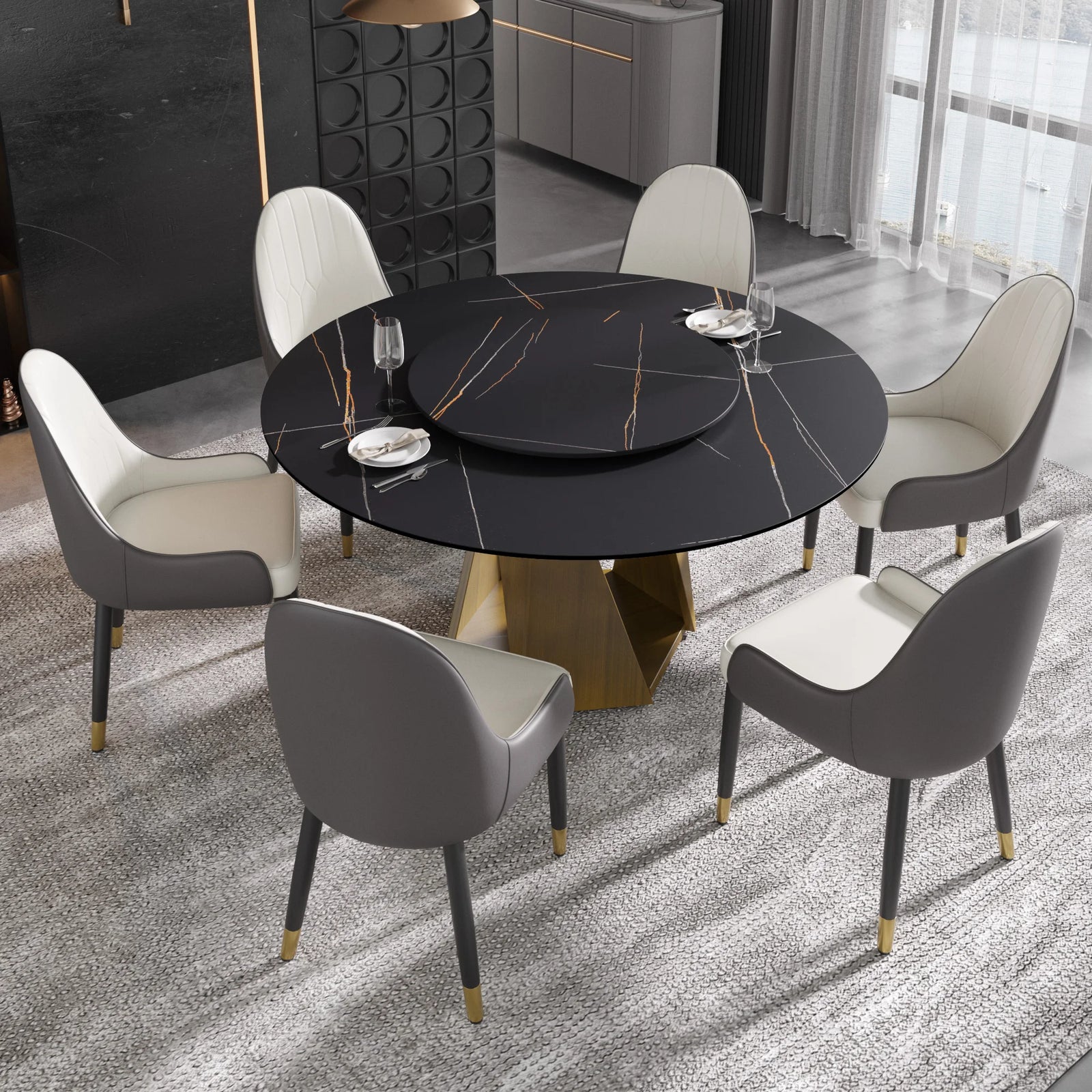 Mesa de comedor Marbella de piedra sinterizada | Redonda de 150 cm (59") en negro mate con plato giratorio Lazy Susan