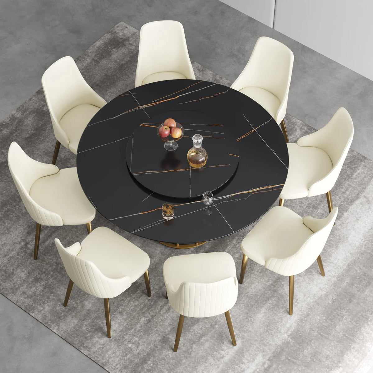 Marbella Sintered Stone Dining Table | 59" Matte Black Round With Lazy Susan Turntable