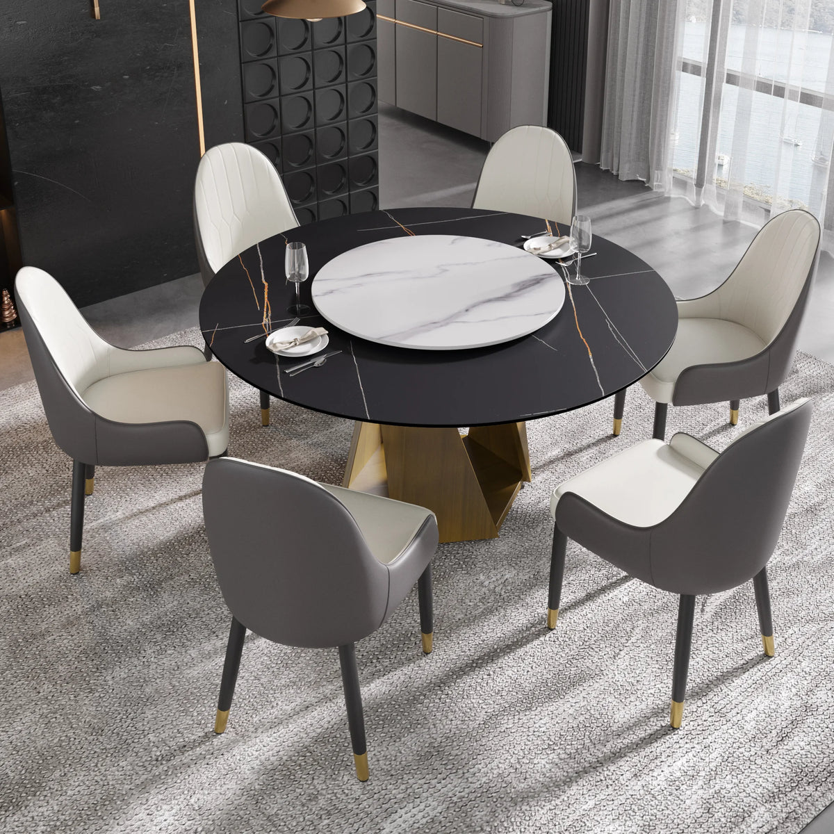 Marbella Sintered Stone Dining Table | 59" Matte Black Round With Lazy Susan Turntable