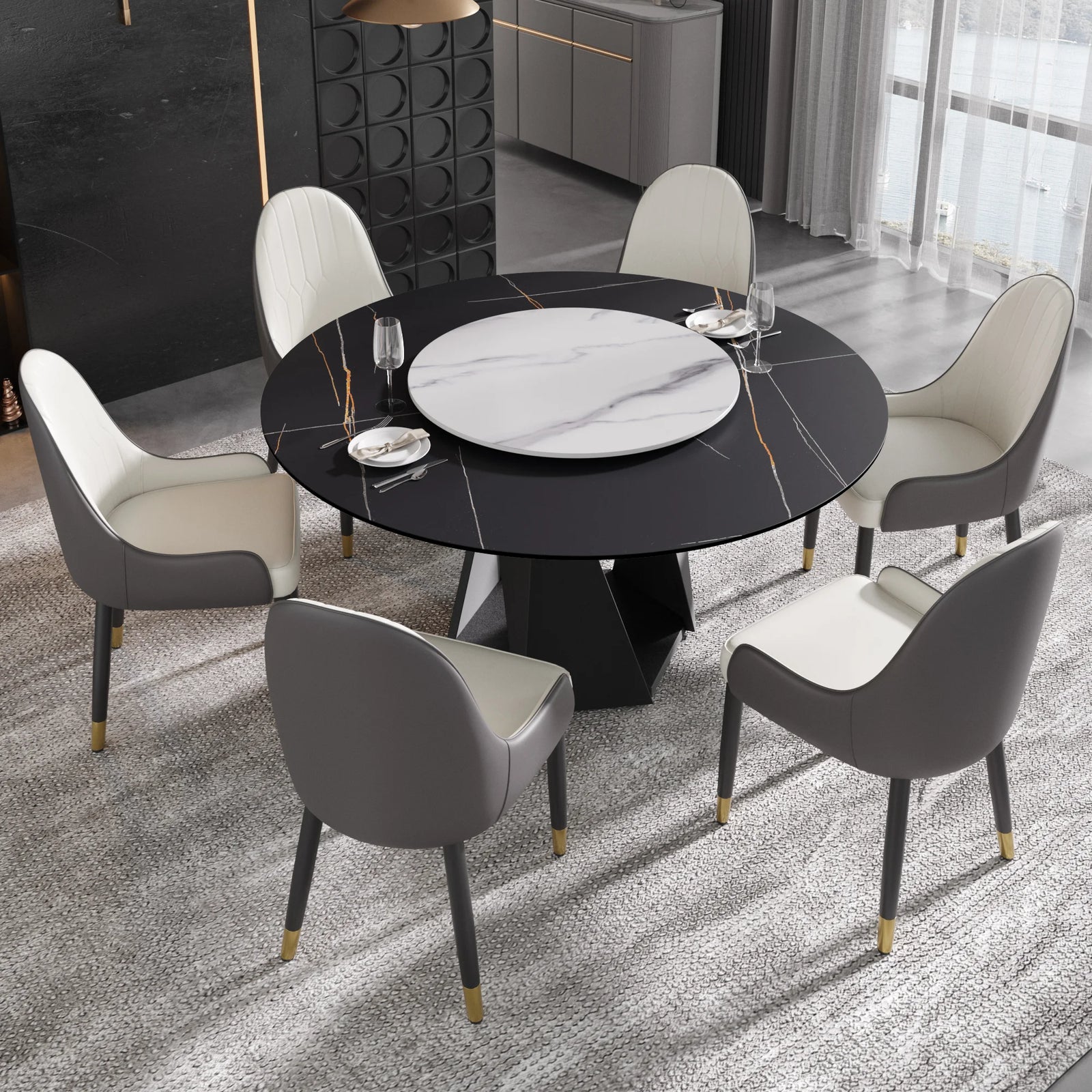 Mesa de comedor Marbella de piedra sinterizada | Redonda de 150 cm (59") en negro mate con plato giratorio Lazy Susan