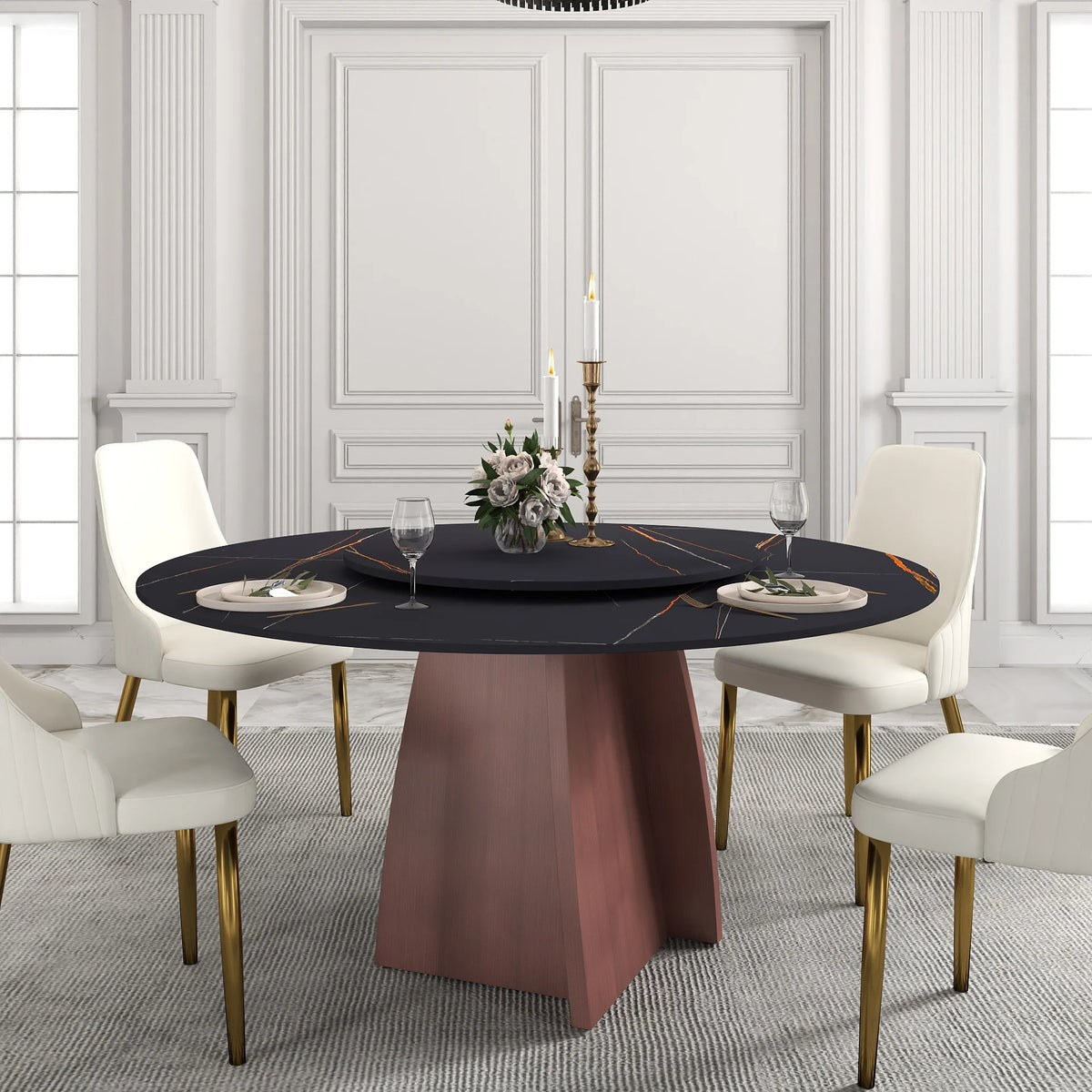 Marbella Sintered Stone Dining Table | 59" Matte Black Round With Lazy Susan Turntable