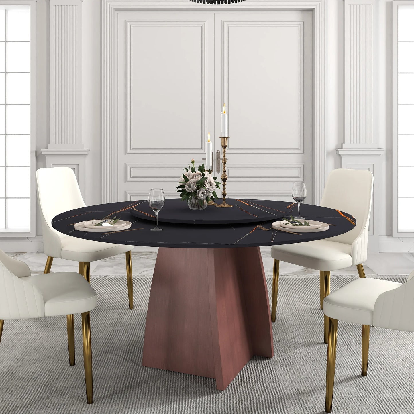 Marbella Sintered Stone Dining Table | 59" Matte Black Round With Lazy Susan Turntable