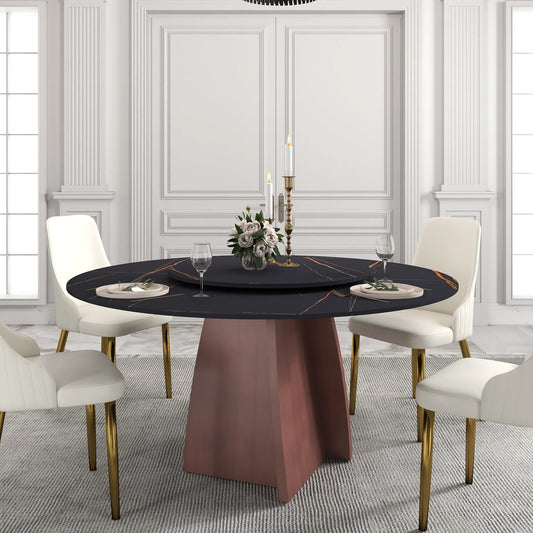Marbella Sintered Stone Dining Table | 59" Matte Black Round With Lazy Susan Turntable