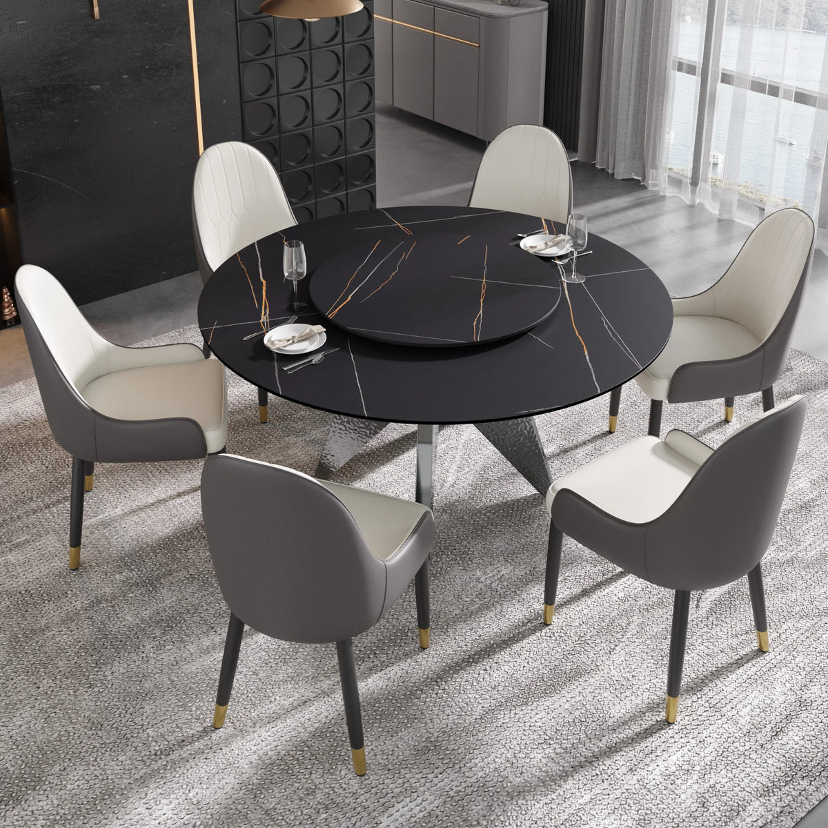 Marbella Sintered Stone Dining Table | 59" Matte Black Round With Lazy Susan Turntable