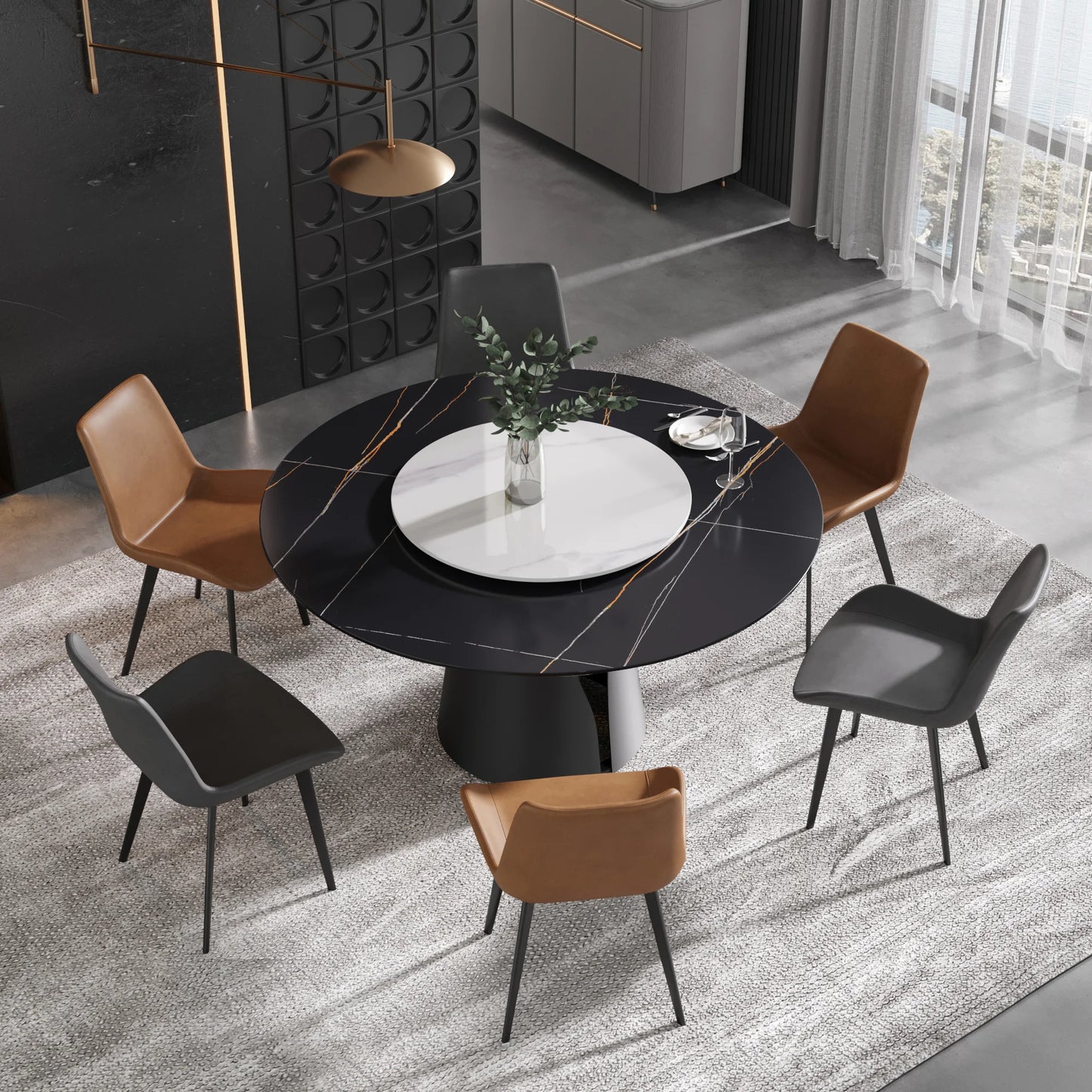 Marbella Sintered Stone Dining Table | 59" Matte Black Round With Lazy Susan Turntable