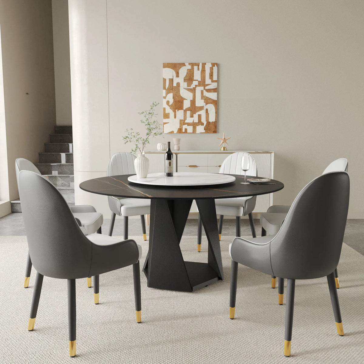 Marbella Sintered Stone Dining Table | 59" Matte Black Round With Lazy Susan Turntable