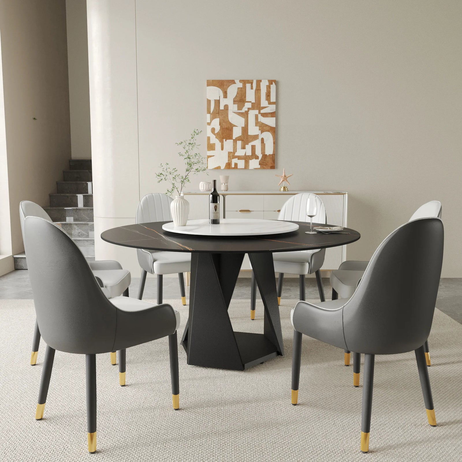 Mesa de comedor Marbella de piedra sinterizada | Redonda de 150 cm (59") en negro mate con plato giratorio Lazy Susan