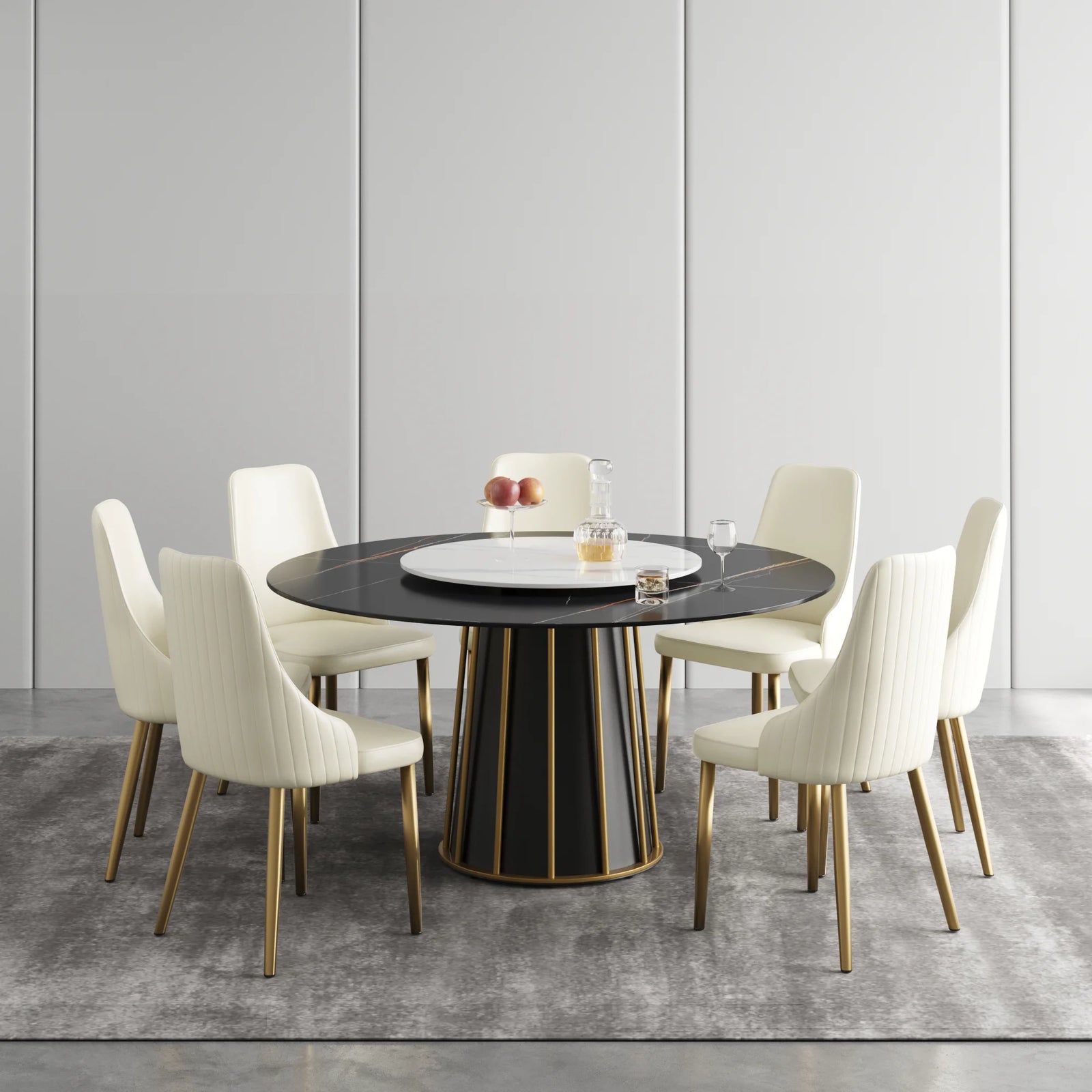 Mesa de comedor Marbella de piedra sinterizada | Redonda de 150 cm (59") en negro mate con plato giratorio Lazy Susan
