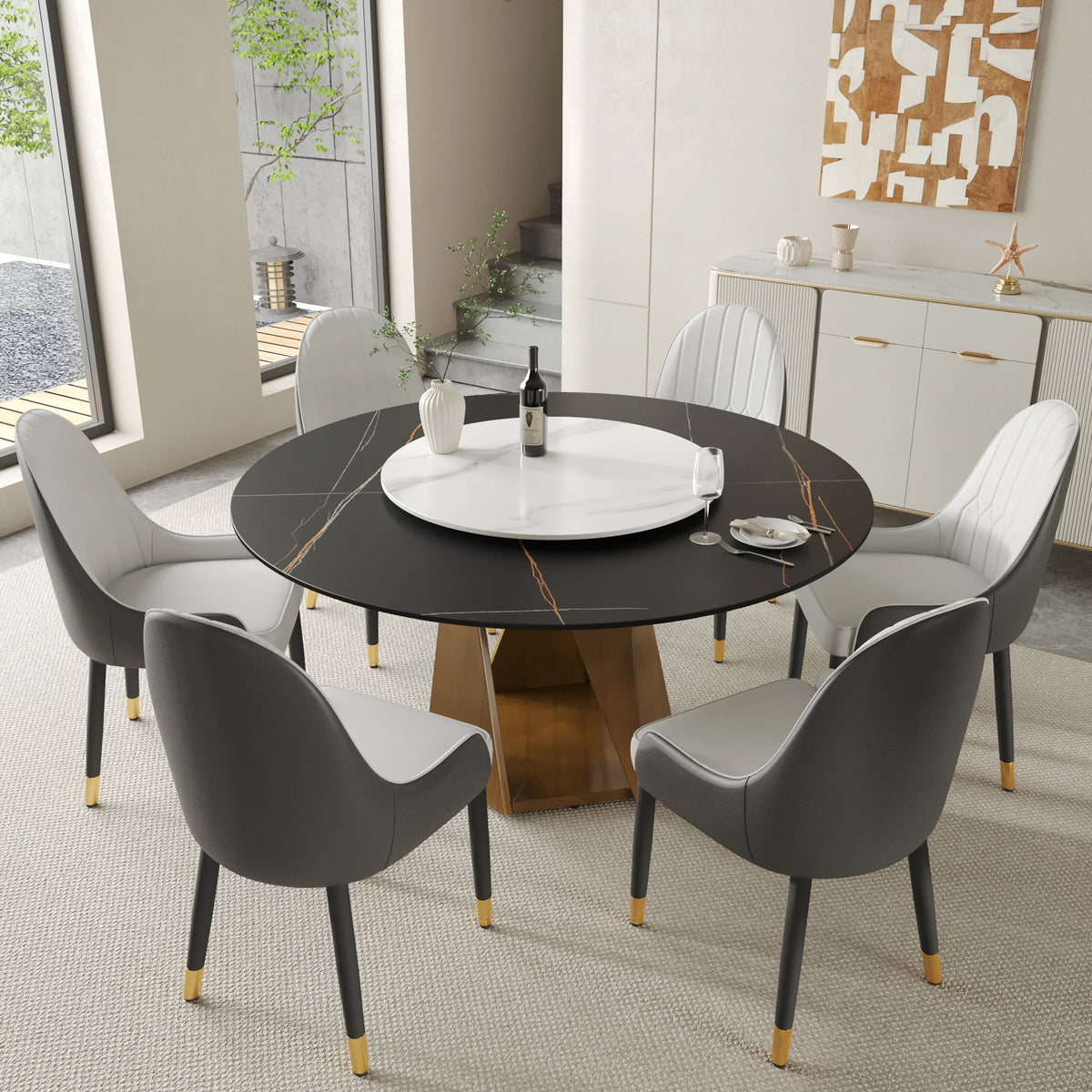Marbella Sintered Stone Dining Table | 59" Matte Black Round With Lazy Susan Turntable
