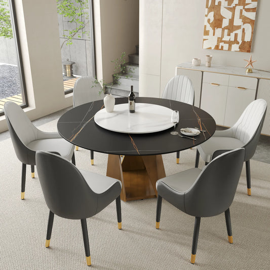 Marbella Sintered Stone Dining Table | 59" Matte Black Round With Lazy Susan Turntable