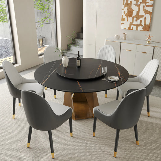 Marbella Sintered Stone Dining Table | 59" Matte Black Round With Lazy Susan Turntable