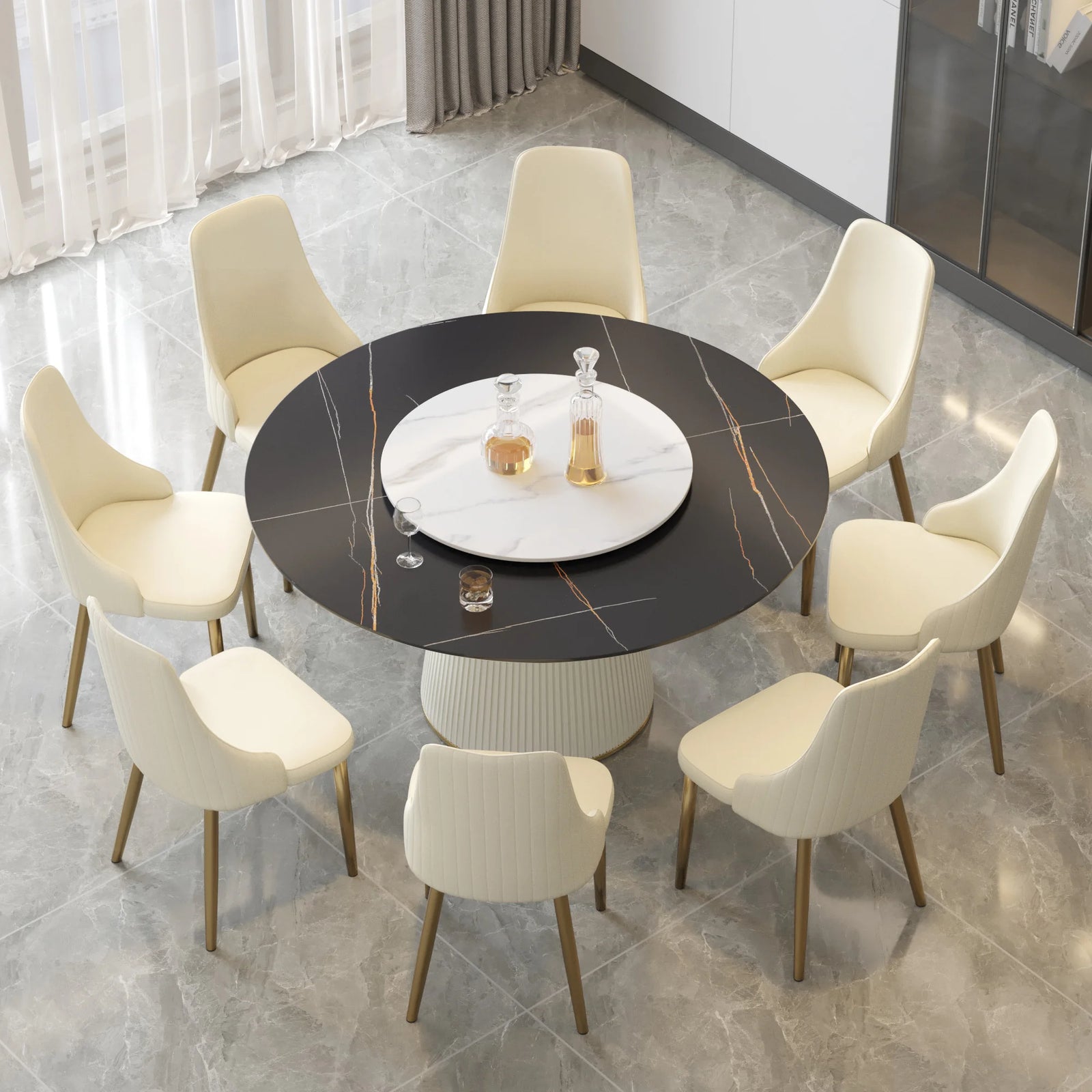Mesa de comedor Marbella de piedra sinterizada | Redonda de 150 cm (59") en negro mate con plato giratorio Lazy Susan