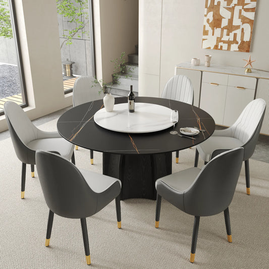 Marbella Sintered Stone Dining Table | 59" Matte Black Round With Lazy Susan Turntable