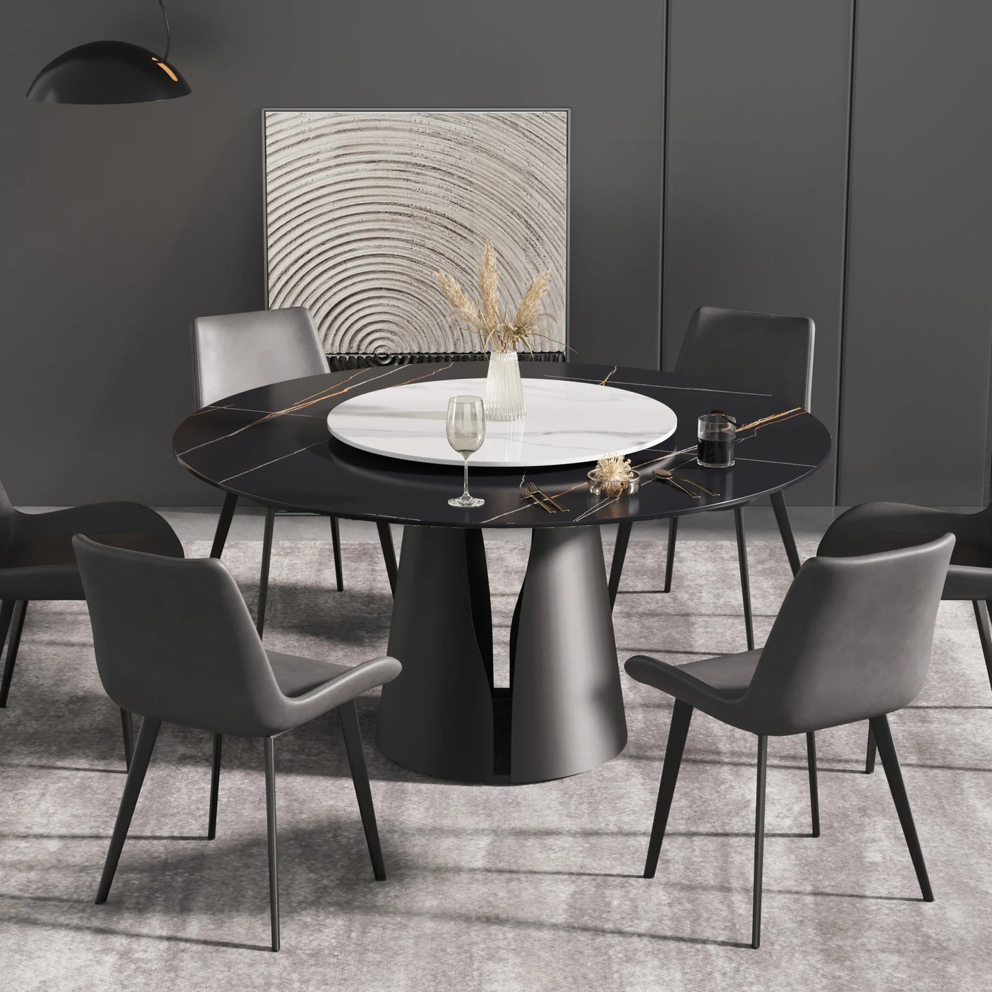 Marbella Sintered Stone Dining Table | 59" Matte Black Round With Lazy Susan Turntable