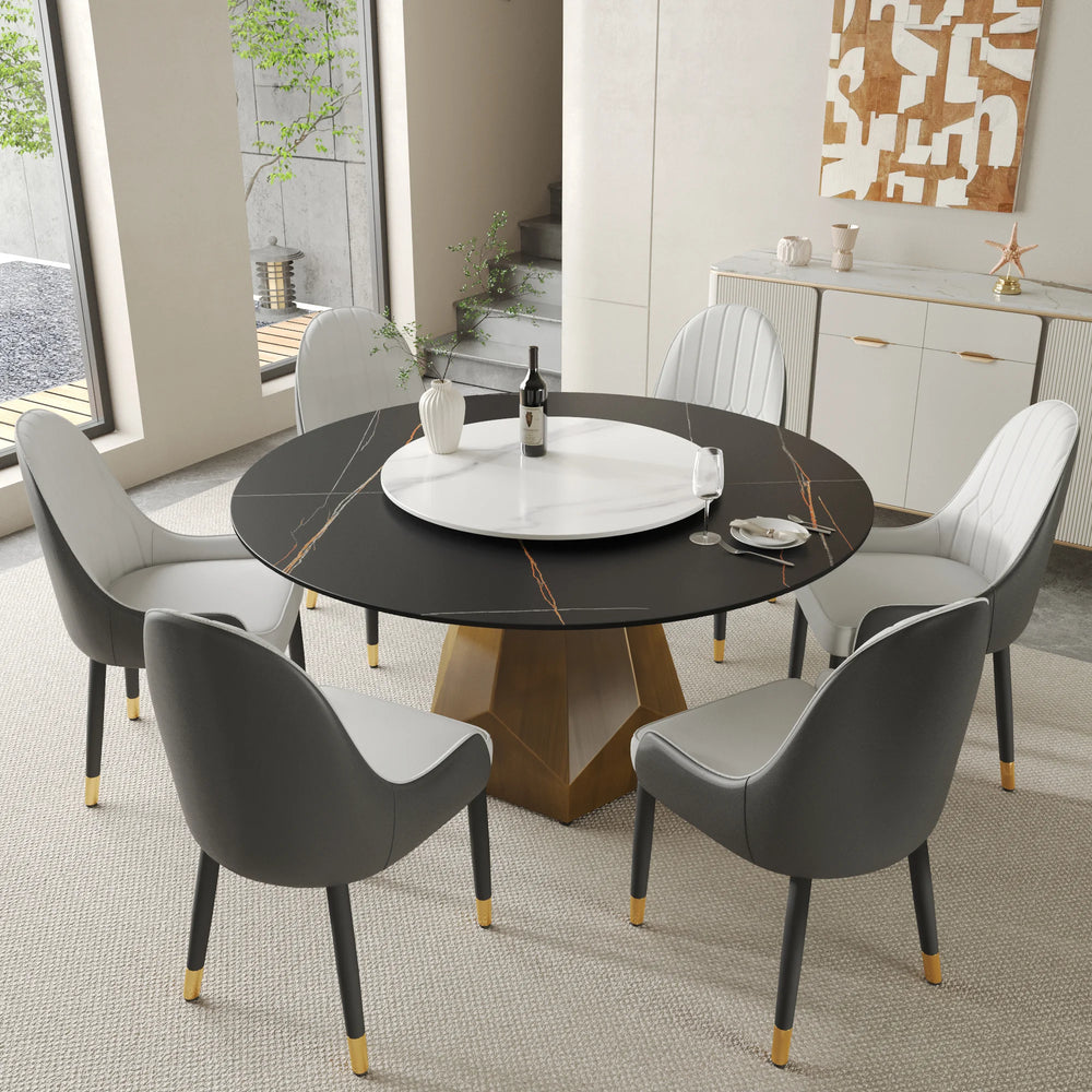 Marbella Sintered Stone Dining Table | 59" Matte Black Round With Lazy Susan Turntable